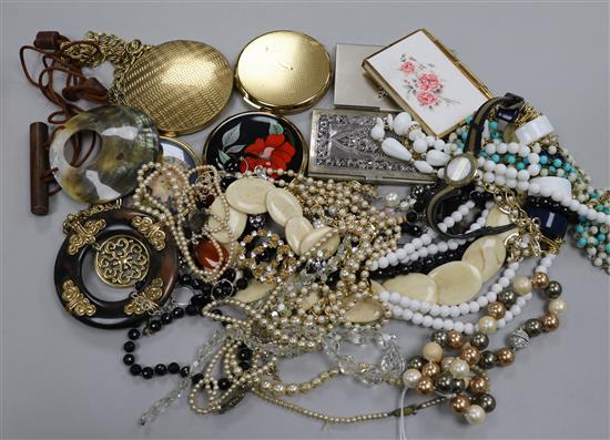 A quantity of costume jewellery etc. including compacts and card cases.